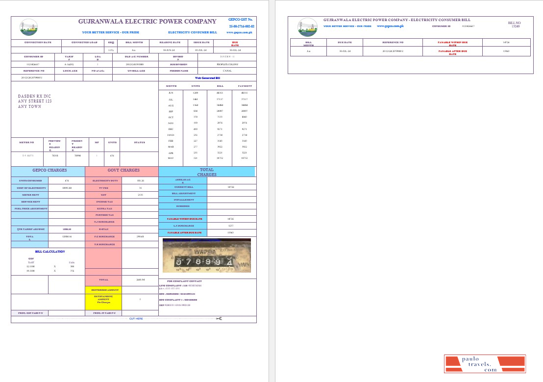 PAKISTAN GUJRANWALA ELECTRICPOWER business utility bill Word and PSD template